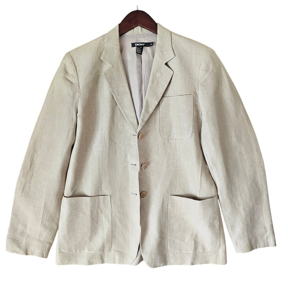 DKNY Womens Beige 100% Linen 3-Button Blazer Jacket Size 14 Oatmeal Patch Pocket